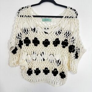 Code Secret Le 12 Crochet Top Women S Cream Black Floral Boho Mesh Knit Blouse